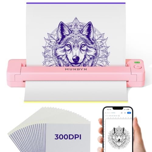 MUNBYN 2026 Nuevo Termocopiadora Tattoo 300DPI, Impresora Termica Tatuajes Bluetooth para Principiantes y Artistas, Compatible con Teléfono Tablet PC, con 20 Piezas de Papel de Transferencia, Rosa