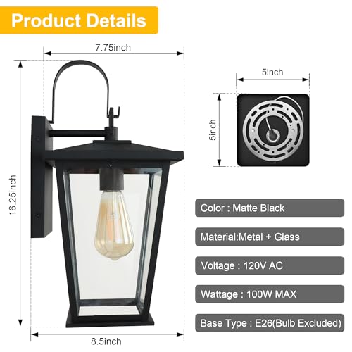 Image of Kalium Outdoor Wall Lights Fixtures Lantern Frame 16 1 /8 inch, Outside Lights Black Transitional Durable Metal, Clear Glass for Post Exterior Barn Deck House Porch Yard Patio Garage Garden