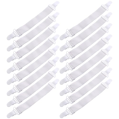 DEARMAMY Soportes para Sábanas Antideslizantes 16 Unidades Correas Elásticas Ajustables, Clips de Plástico Resistentes para Fijar Esquinas de Sábanas en Camas, Uso Doméstico y Colchones