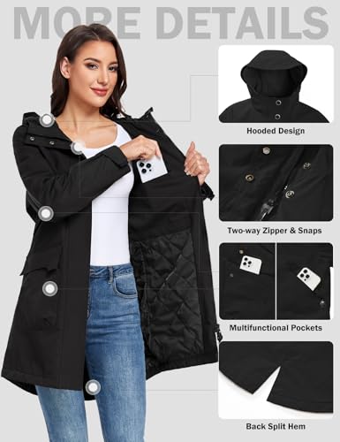 Vancavoo Übergangsjacke Damen Wintermantel Lang Leichte Jacke mit Kapuze Softshellmantel Übergang Mantel Parka Übergangsmantel für Frühling Herbst,Schwarz,M
