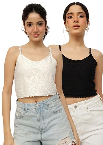 Image of ESPRESSO Viscose Elastane Ultra-Soft Design Camisole for Womens /Girls Pack of 2 (Black /Half White)
