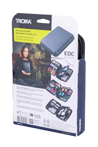TROIKA Organizer Etui mit Reißverschluss TRAVEL CASE CARBON mit 3 Innenfächer und 6 Elastikband-Schlaufen inkl. Trennwand (innen) Kunstleder, Samt – Carbon Optik – Original