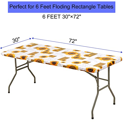 Jilimeli Vinyl Elastic Tablecloth For 6Ft Rectangle Tables, Fitted Table Covers With Sunflower Design, Waterproof 30”×72” Flannel Backing Folding Table Cloth, For Home Picnic Party Holiday Travel #TOP1
