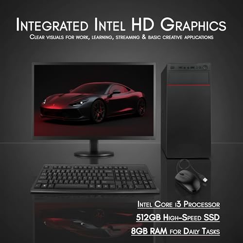 Image of Core i3 Desktop Computer Full Setup | 8GB RAM | 512GB SSD | 19-Inch LED Monitor | Keyboard, Mouse, WiFi | Windows 11 Pro | MS Office Trial | Office & Home PC (Black)