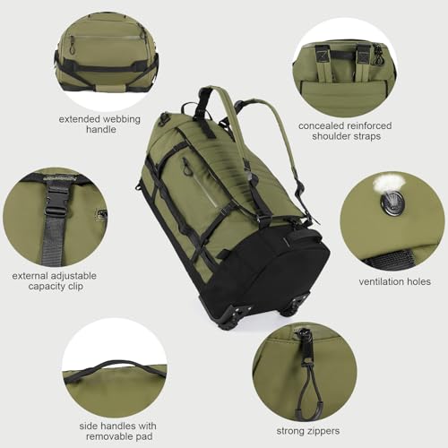 Rolling Duffle Bag with Wheels,86L 30”Folding Duffle Backpack with 2 Wheels,Travel Bag with Separate Shoe Compartment,Green2