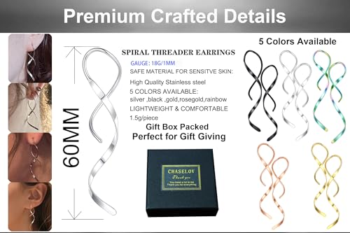 Spiral Threader Earrings, 18G Hypoallergenic 316L Stainless Steel Drop Dangle Handmade Twisted Linear Curved Dangling Minimal Earrings for Sensitive Ear with Gift Box3