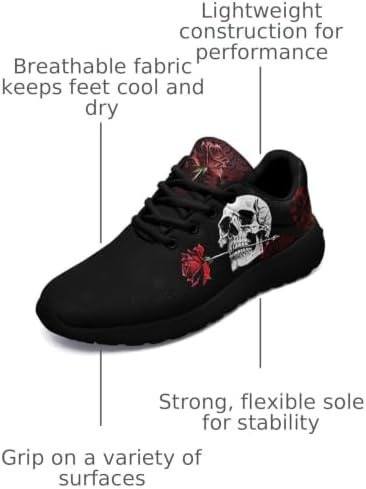 Women's Running Shoes with Unique Skull Rose Print, Non Slip Athletic Gym Training Walking Sneakers for Men image 5