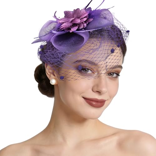 Semato Fascinators Hats for Women Mesh Feathers Elegant Purple Tea Party Kentucky Hat Derby Headband with Hair Clip