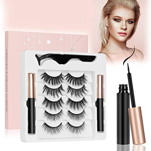 Magnetic Eyelashes with Eyeliner, 2 Tubes of Magnetic Eyeliner &5 Pairs of Reusable Magnetic False Lashes Natural Look Meet Your Needs in Any Occasion