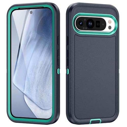 Coque Google Pixel 9 Pro 5G silicone double couche bleu foncé et vert menthe