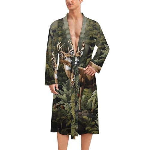 Tree Camo Deer Mens Nightgown Lightweight Knee Long Bath Robe Spa Bathrobe Loungewear