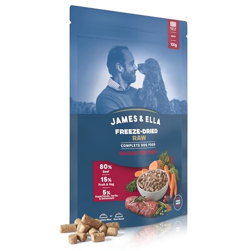 James & Ella Complete Freeze-Dried Raw Dog Food Grass Fed Beef Freeze-Dried Dog Food Packed with Protein Essential Oils & Minerals for Happy Healthy Dogs Lightweight & Gluten Free (100g)