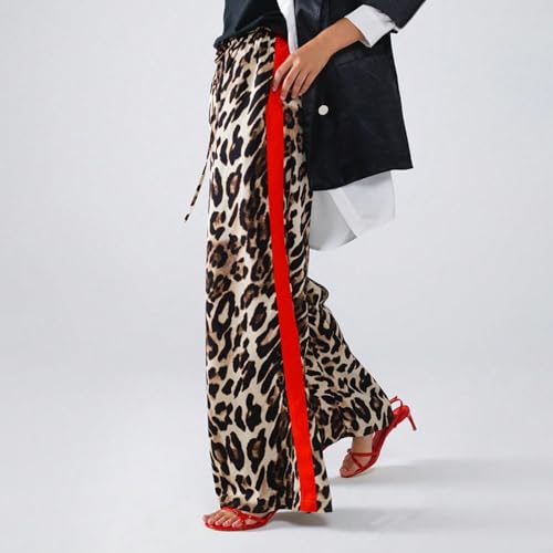 Leopard Pants Women Drawstring High Waisted Side Striped Wide Leg Pants Streetwear Cheetah Print Pants with Pockets4
