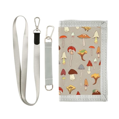 JHKKU Mushroom Kids Wallet for Boys Girls, Teen Canvas Trifold Purse with Zipper Coin Pocket