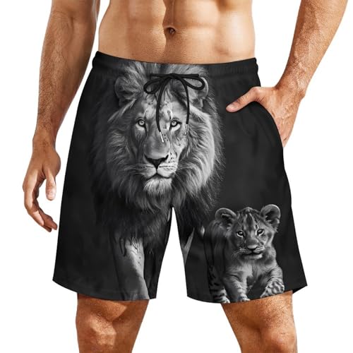 Black and White Animal Lion Mens Swim Trunks Quick Dry Beach Shorts Board Shorts Swimwear Bathing Suits with Mesh Lining