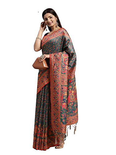 Sari traditionnel femme coton vert foncé vêtement indien semi-cousu 8752