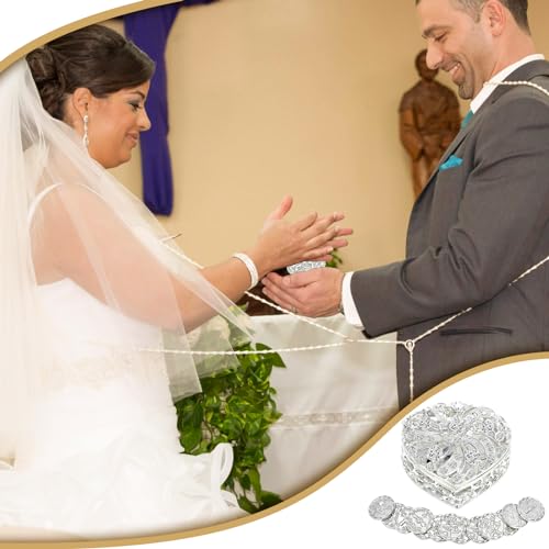 ESNOY Wedding Arras Coins Set, Arras De Boda Catolica, Arras Para Boda Catolica Silver Heart Shaped Box with Decorative Rhinestone Crystals,Arras De Boda Cristiana,Regalos de Boda,Arras de Matrimonio