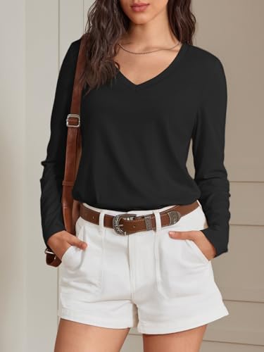 ATHMILE Womens 2025 Fall Long Sleeve Shirts Basic Apparel Shirts Trendy V Neck Tshirt for Women Curved Hem Tops4