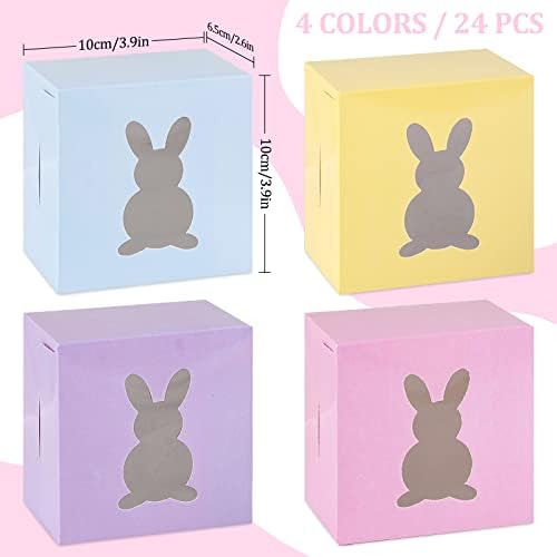 Whaline 24Pcs Easter Treat Boxes 4 Candy Colors Cardboard Box with Rabbit Bunny Shape Window Pink Blue Yellow Purple Spring Holiday Paper Gift Container for Cookie Goodie Candy Sweet Party Favors
