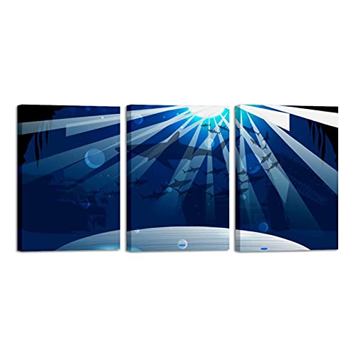 Toile Requin Salon Solution Grand Mur Vide Triptyque Deep Marine Encadré