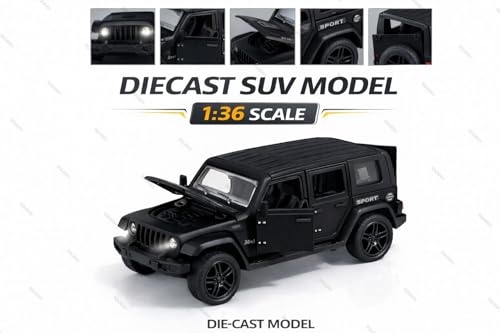 Image of 1:36 Scale Rubicon Car Model - Die-Cast Metal Pull Back SUV with Openable Doors, Lights & Music - Alloy Off-Road Toy Vehicle for Kids, Boys & Collectors (Black)