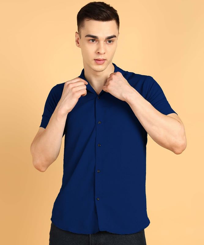 Image of COMBRAIDED Men's Solid Cotton Blend Half Sleeve Shirt - Regular Fit Casual Button-Down Shirt for Office & Travel - Summer & Spring
