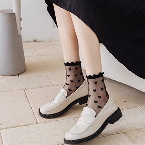 Womens Ruffle Socks Sheer Mesh Lace Frilly Lettuce Socks Girls Summer Fancy Cute Turn Cuff Crew Socks Transparent See Through Ultra Thin Silk Nylon Clear Ankle Socks, 4 Pack-Black White Heart Stripe #TOP6