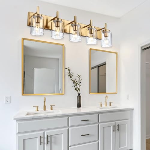 Image of 5-Light Bathroom Light Fixtures, Brushed Brass Indoor Vanity Light Over Mirror with Milky White Frosted Glass Shades Modern Wall Lighting for Hallway Makeup Table