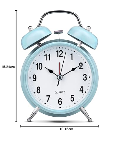 Image of Bernhard Products Analog Alarm Clock 4 inch Twin Bell Black Silent Non-Ticking Quartz Battery Operated Extra Loud with Backlight for Bedside Desk, Retro (Light Blue)
