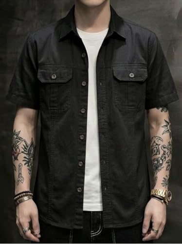 Image of SMOWKLY Men's Casual Solid Printed Cotton Regular Fit Shirt || Half Sleeve, Button Down, Double Front Pocket || Denim Jacket Style Fashionable Western Outfit