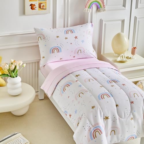 Image of Rainbow Toddler Bedding Set for Girls Light Pink Stars Dots 4PC Toddler Bed Set - Soft Blue Pink Rainbow Cute Princess Toddler Bed in a Bag with Pink Sheet Set and Pillow Shams