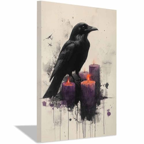 Art mural minimaliste corbeau noir affiche bougies violettes décoration maison