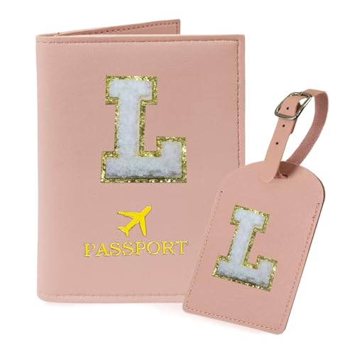 COSHAYSOO Passport Cover and Luggage Tag Set with Her Initial Chenille Letter Patch, Fashionable Travel Bag Backpack Suitcase Identifier Gifts for Granddaughter Grandma Mother Pink L