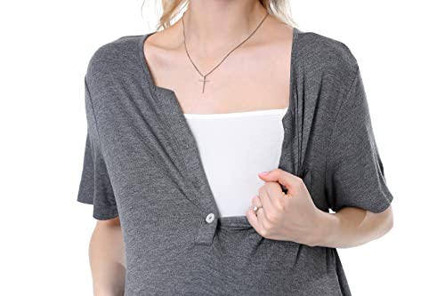 Owlivia Nightgowns For Women, Short-Sleeve Nursing Gown Dress, V-Neck Button Down Maternity Gown Pajamas, Boyfriend Nightshirt S-Xxl(Grey Melange, X-Large) #TOP2