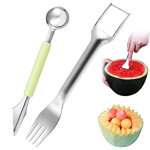2 Stücke Melonenausstecher Wassermelonen Schneider, 2-In-1 Wassermelonen Gabelschneider, Kugelausstecher Und Schnitzwerkzeug, Melonenschneider Aus Edelstahl für die Küche 2 Stücke Melonenausstecher Wassermelonen Schneider, 2-In-1 Wassermelonen Gabelschneider, Kugelausstecher Und Schnitzwerkzeug, Melonenschneider Aus Edelstahl für die Küche
