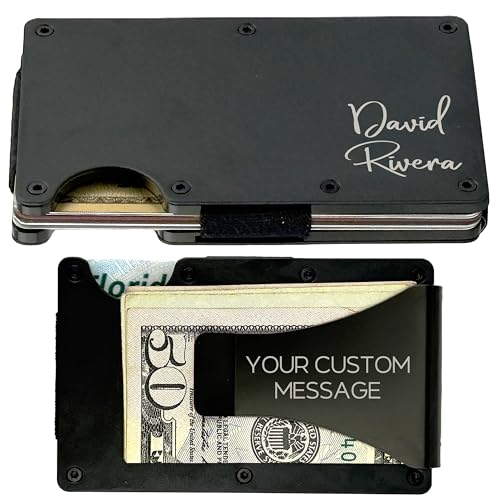 Personalized Metal Slim Wallet for Men RFID Blocking | Name Customized Engraved Mens Minimalist Credit Card Holder Wallet with Money Clip | Custom Birthday Gift for Dad, Him, Husband, Boyfriend