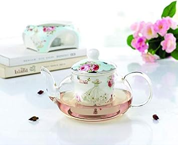 Bone China Coffee Pot Teapot with Warmer and Tea Infuser- Rose and Dress Design