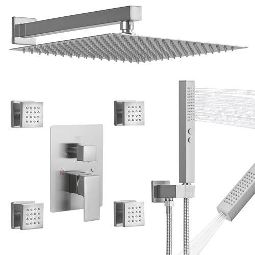Sistema de Ducha Rainfall RUMOSE con 4 Chorros Corporales y 4 Modos, Grifo para Ducha | Cabezal de Ducha Rain de 12 Pulgadas, Ducha de Mano 2 en 1, Accesorios de Ducha en Latón con Acabado en Níquel Cepillado, Montaje en Pared miniatura 1
