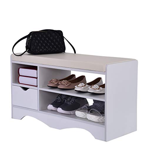 Shoes Bench 2-Tier Entryway Shoe Bench Rack Shelf Origanizer Bench with Cushion Seat Storage Stool with Drawer for Living Room Front Door Simple Modern Shoe Sofa White-80x30x43cm
