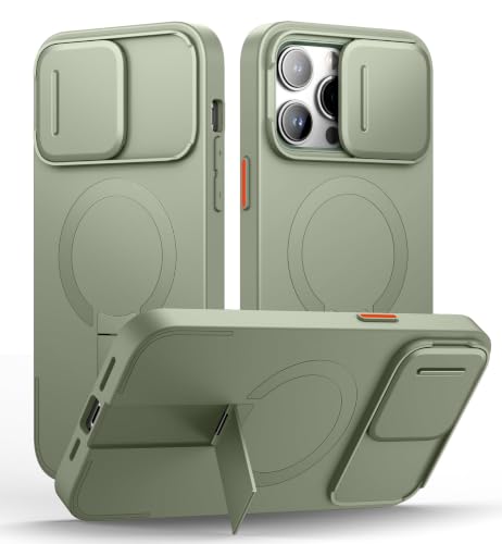 Image of SURITCH for iPhone 14 Pro Max Case with Magnetic Camera Slide Cover and Adjustable Kickstand, Compatible with MagSafe, Shockproof Bumper Case Slim Protective Cover 6.7 Inch, Green