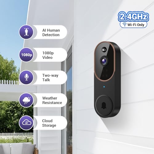 FineLuck Timbre de video WiFi inalámbrico con timbre, detección humana IA, conversación bidireccional, Wi-Fi 2.4G, almacenamiento en la nube, vigilancia interior y exterior, funciona con pilas - imagen 2