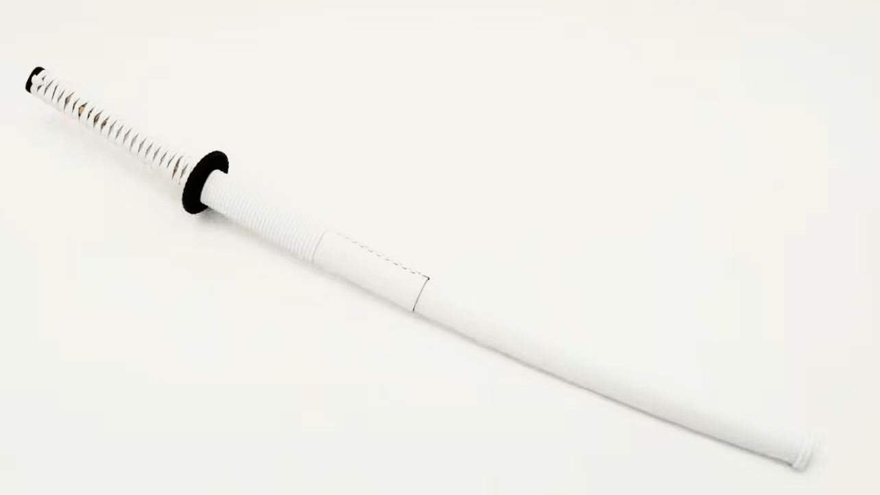 Handmade Sword 993H - Fully Practical Japanese Samurai Katana Sword, Hand Forged, Full Tang, 1045 Carbon Steel Sharp, Heat Tempered, Empire Wheel Tsuba, White Scabbard Wrapped by Leather