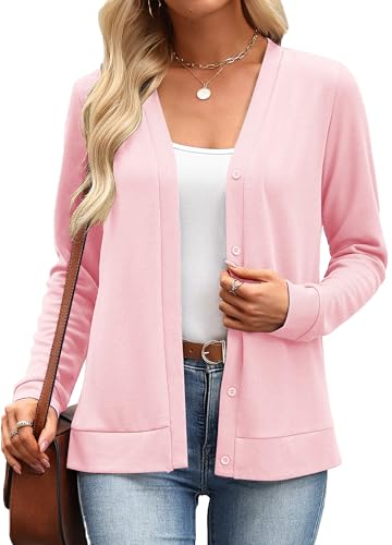 Womens Lightweight Open Front Cardigans Casual Solid Color Comfy Sweaters Basic Cardigan (M, Pink)