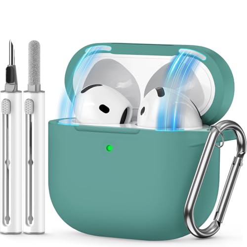 MCTOPZO Compatible with AirPods 4 Case with Magnetic Lock,Soft Silicone Protective Cover for Apple AirPods 4th Generation Cases with Cleaner Kit,AirPod 4 Case 2024 with Keychain for Women Men-Green