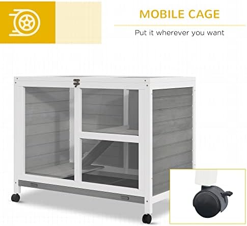 PawHut Wooden Rabbit Hutch Guinea Pigs House Bunny Small Animal Cage w/Pull-out Tray Openable Roof Wheels 91.5 x 53.3 x 73 cm, Grey
