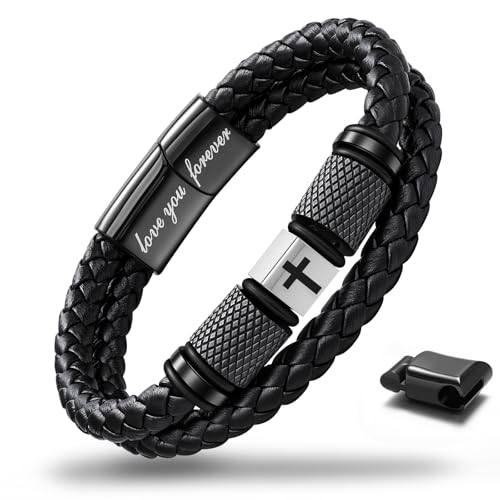 Pulsera de cuero trenzado con cruz cristiana para hombre miniatura 1