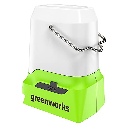Greenworks G24LA500 Lanterna a Batteria e Luce da Campeggio con Gancio da Appendere, 500 Lumen, 3 Impostazioni di Luminosità, Prese USB e Tipo C, SENZA Batteria 24V e Caricabatterie, Garanzia 3 Anni