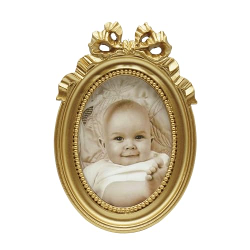Kangce Vintage Picture Frames 2.5x3.5 Ornate Wallet Size Oval Small Gold Picture Frames for Tabletop and Wall Mount Retro Home Decor Antique Wall Decor with Embossed Bead and Bow