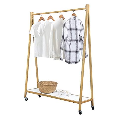GWH Retro Iron Clothing Racks with Wood Shelves 59in,Retail Rolling Display Rack with Wheels,Commercial Standing Clothes Racks for Hanging Clothes,Metal Heavy Duty Wooden Garment Rack(Gold) Cover