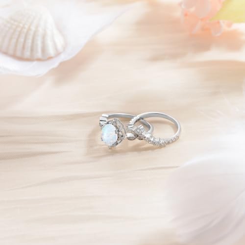 1.5ct Oval Opal Engagement Rings for Women Genuine Opal Rings Set 925 Sterling Silver 2pcs Vintage Inspired V Shaped Wedding Band Anniversary Promise Ring3